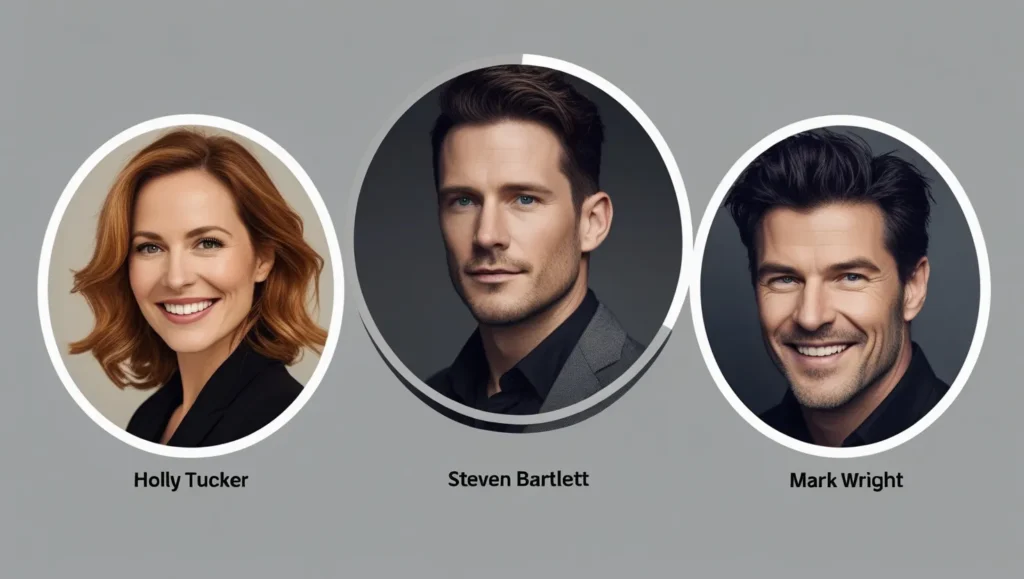 Collage of profile images of Holly Tucker, Steven Bartlett, and Mark Wright