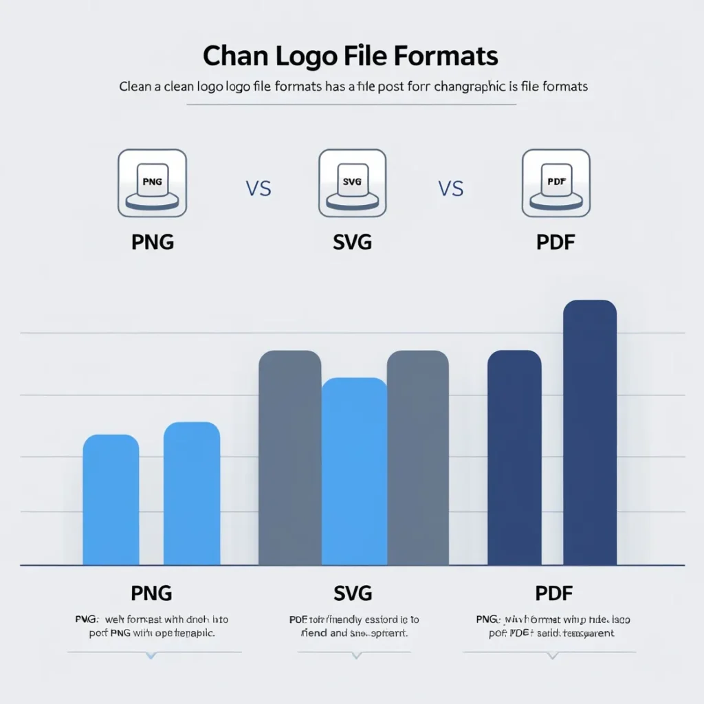 A comparison chart of logo file formats (PNG, SVG, PDF) with icons