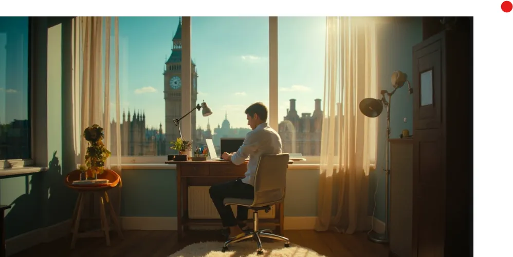 Person writing a blog post on a laptop in a home office with a UK city view.