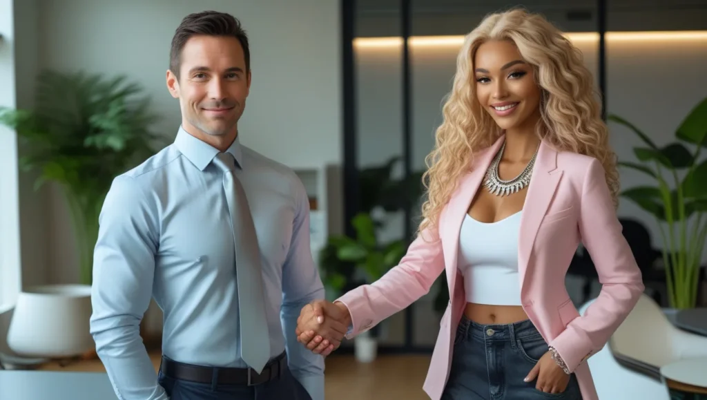 Small business owner and influencer shaking hands in an office setting.