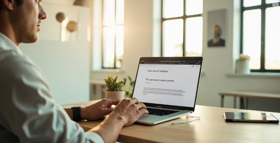 UK small business owner writing a blog post on a laptop.
