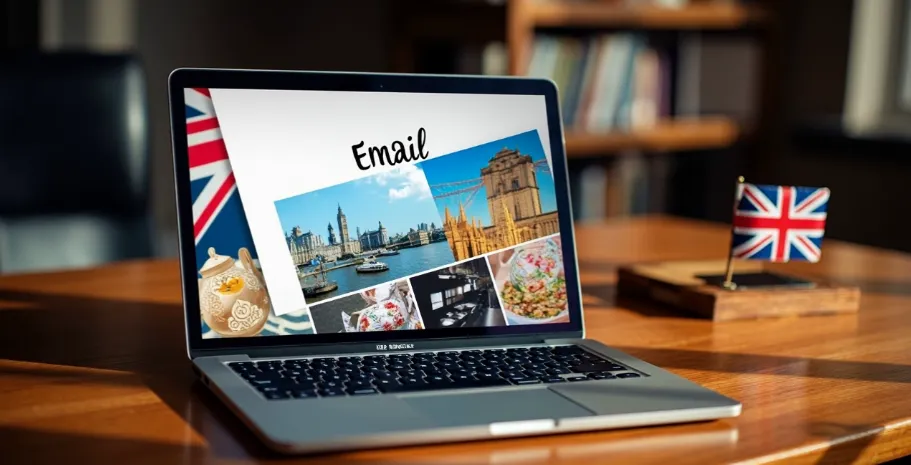 Mockup of an email newsletter on a laptop screen with UK-themed graphics.