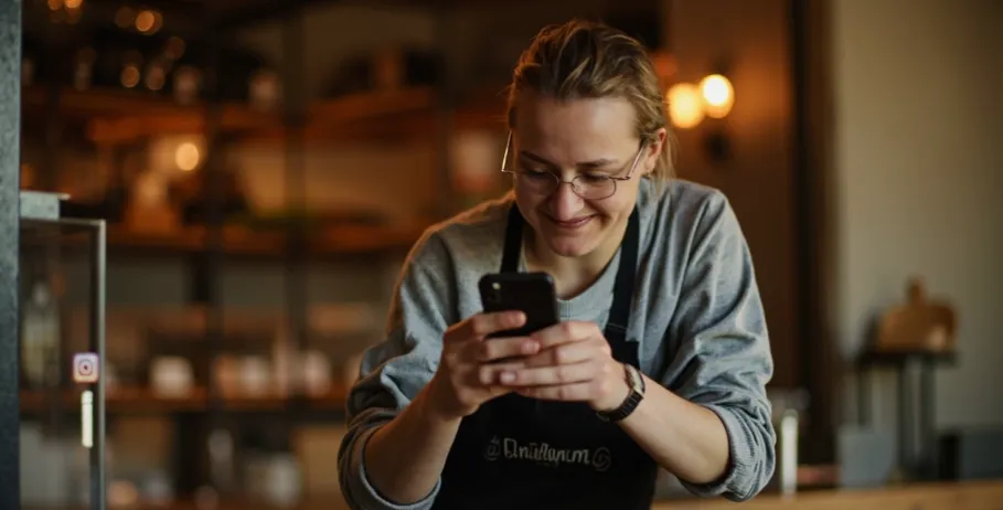 UK small business owner using Instagram on smartphone