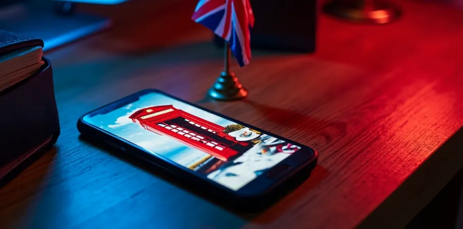 Mockup of a social media post with UK-themed visuals on a phone screen.