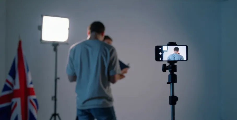Person filming a video with a smartphone in a professional setting.