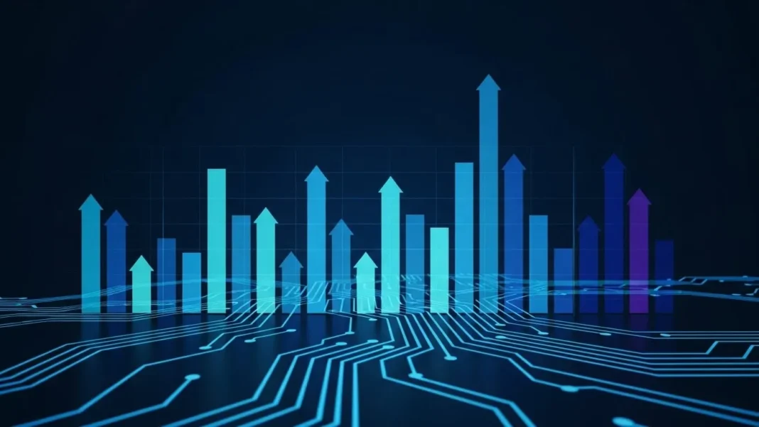 Abstract graphic of rising stock bars with AI circuits.