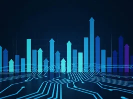 Abstract graphic of rising stock bars with AI circuits.