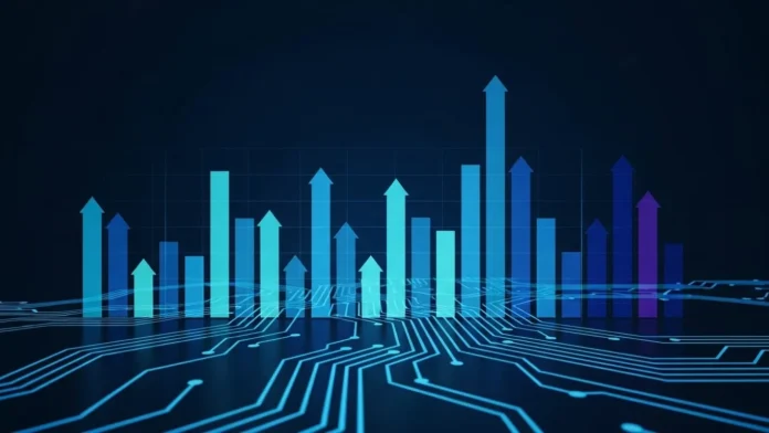 Abstract graphic of rising stock bars with AI circuits.
