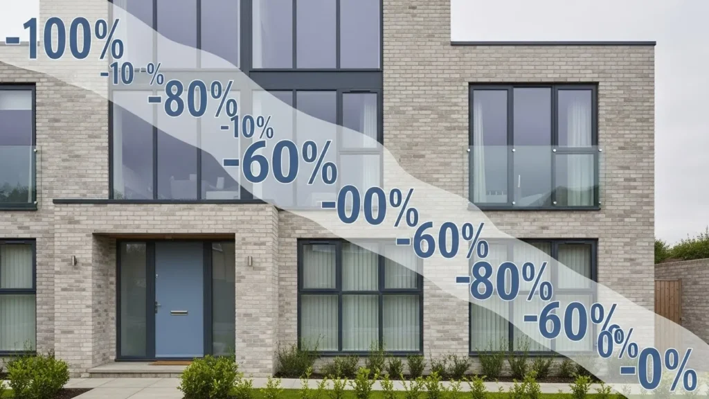 Illustration of a British residence with falling rate symbols.