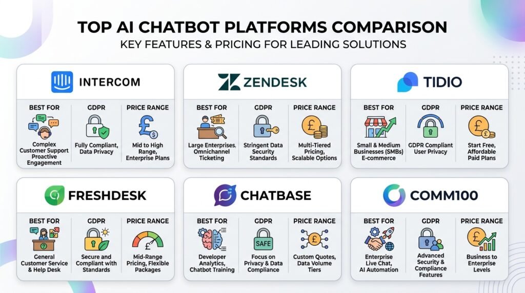 Comparison graphic of the best AI chatbots for customer service in the UK: Intercom, Zendesk, Tidio, Freshdesk, Chatbase, and Comm100