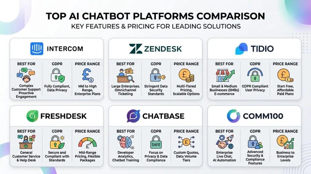 Comparison graphic of the best AI chatbots for customer service in the UK: Intercom, Zendesk, Tidio, Freshdesk, Chatbase, and Comm100