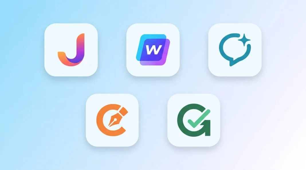 Side-by-side logos of Jasper, Writesonic, ChatGPT, Copy.ai, and Grammarly on a soft blue gradient background