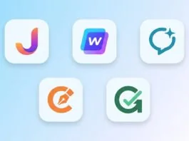 Side-by-side logos of Jasper, Writesonic, ChatGPT, Copy.ai, and Grammarly on a soft blue gradient background