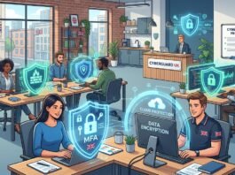 Cybersecurity for small business UK – shields protecting office workspace