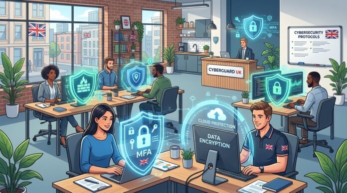Cybersecurity for small business UK – shields protecting office workspace