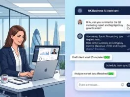 AI chatbot for customer service UK — split screen showing a business owner and a chatbot resolving a customer query