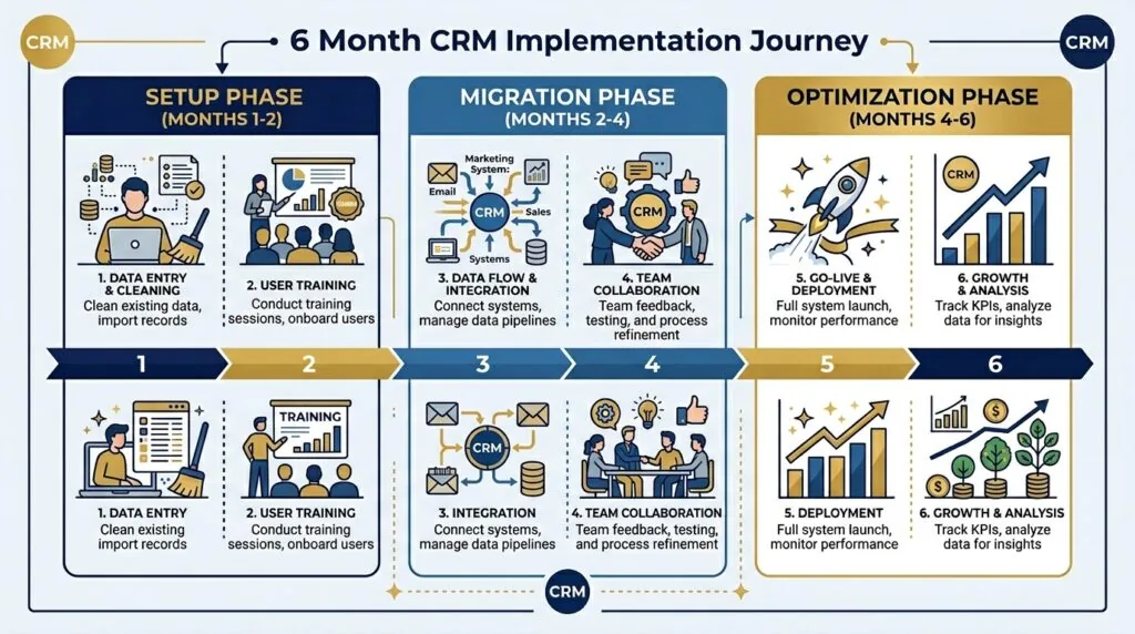 Timeline showing 6-month CRM implementation phases: setup, data migration, and optimization for UK small businesses