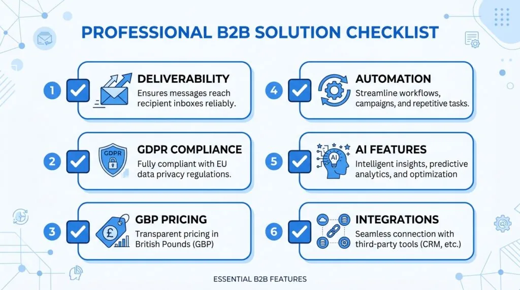 Email marketing software checklist for UK businesses showing six key buying factors