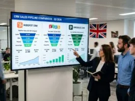 Multiple CRM dashboards showing sales pipeline management, contact data, and reporting features for UK small businesses