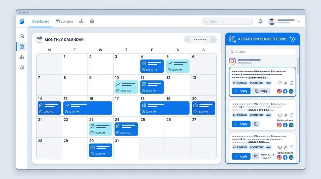 Mockup of an AI social media management dashboard with scheduling calendar and caption assistant