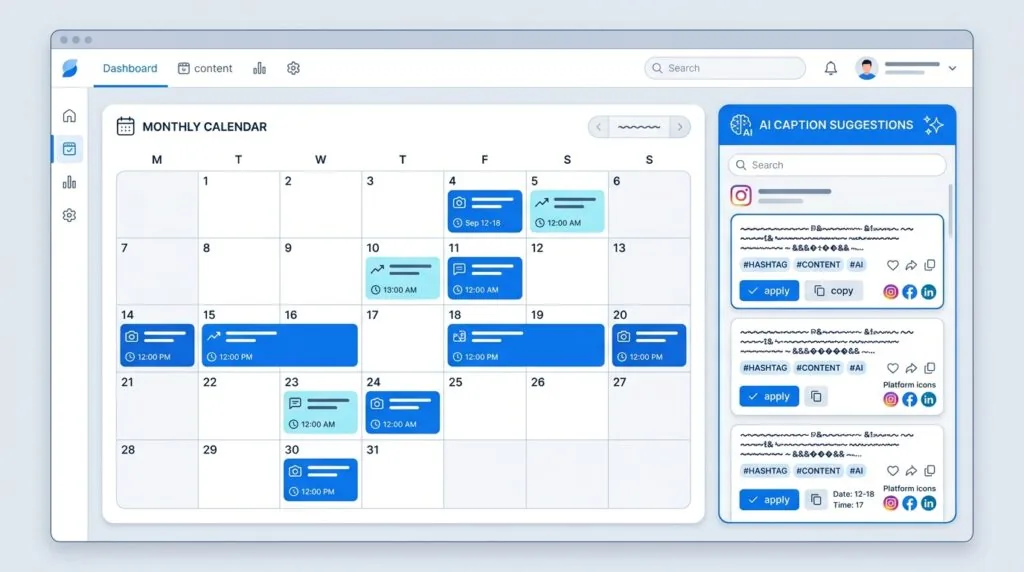Mockup of an AI social media management dashboard with scheduling calendar and caption assistant