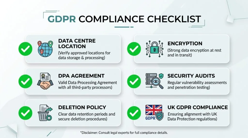 GDPR compliance checklist for CRM vendors including data residency, encryption, data processing agreements, and audit documentation
