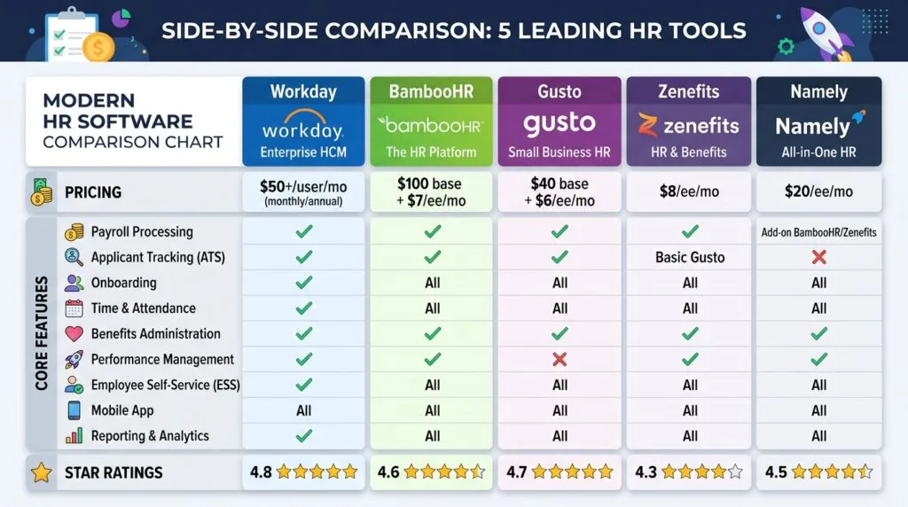 Comparison table of HR software showing pricing per user, key features, and ratings