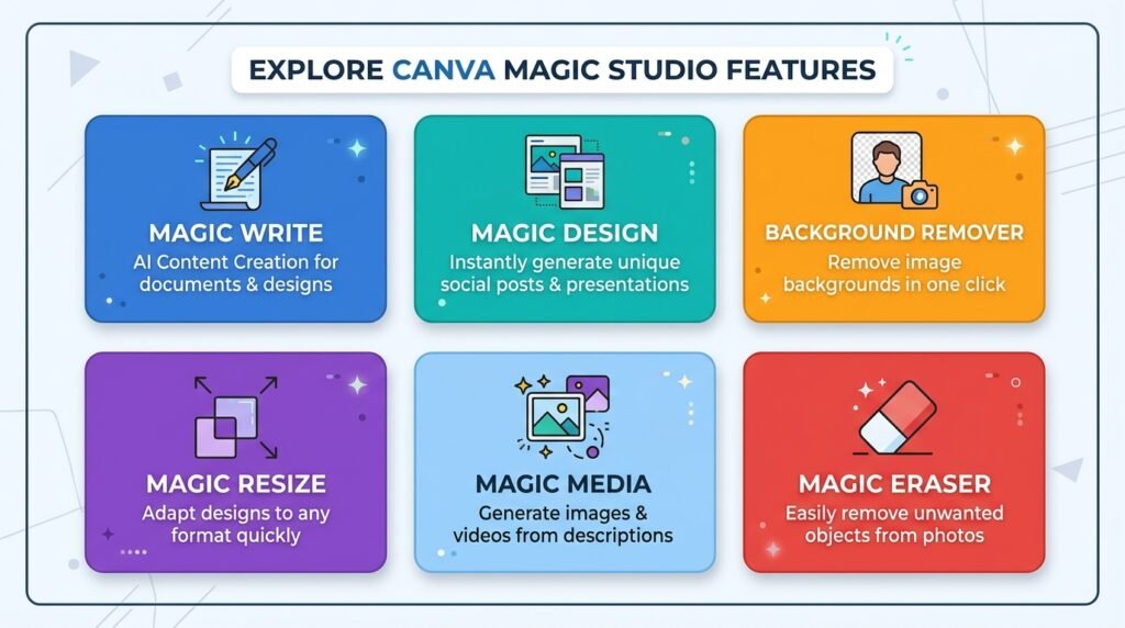 Infographic showing 6 Canva AI features: Magic Write, Design, Background Remover, Resize, Media, Eraser