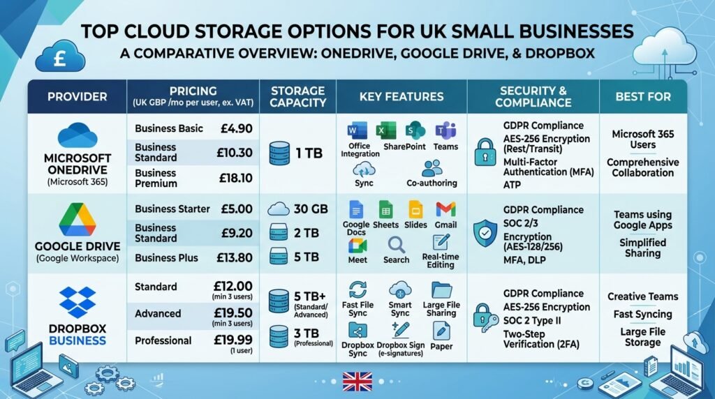 Comparison table of best cloud storage for small business UK