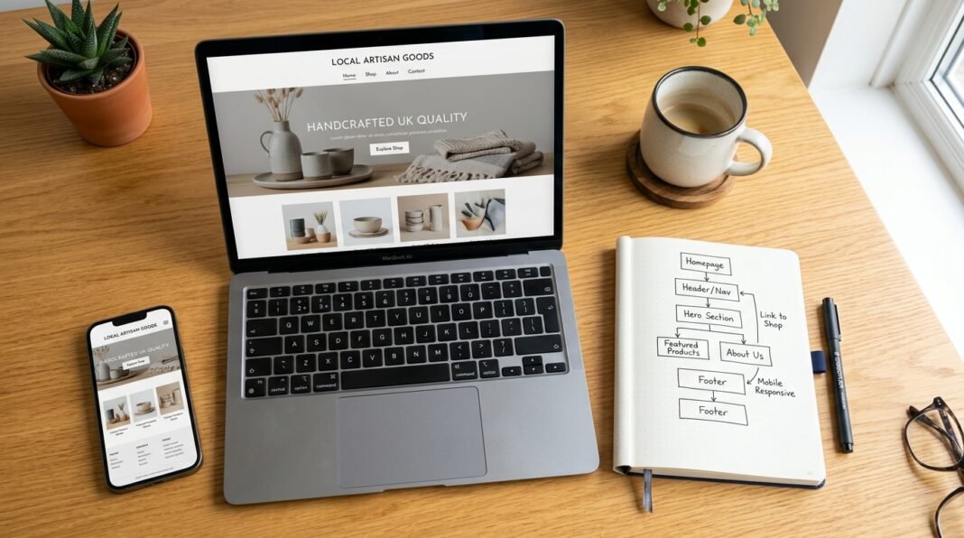 Laptop and notebook on a desk showing a small business website being planned and built