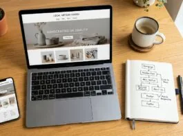 Laptop and notebook on a desk showing a small business website being planned and built