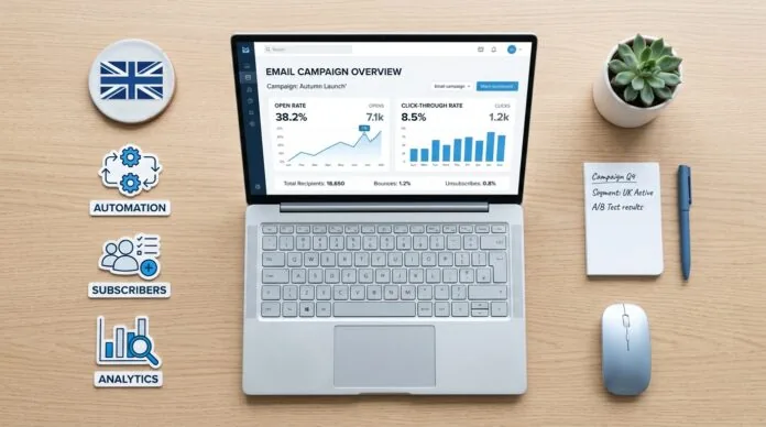 Best email marketing software UK 2026 comparison on laptop screen showing campaign dashboard