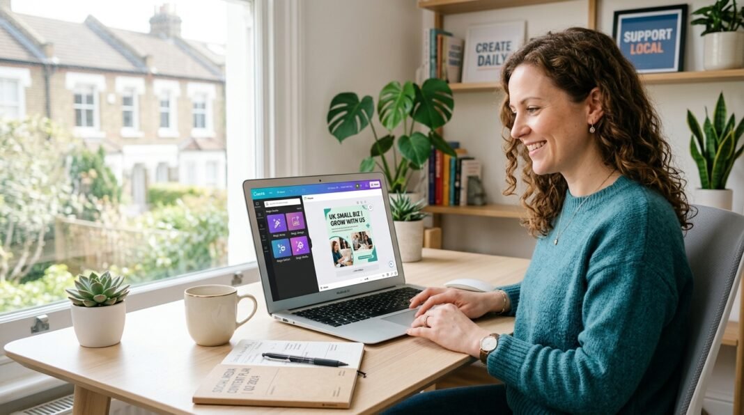 UK small business owner using Canva AI design tool on laptop with Magic Studio features visible
