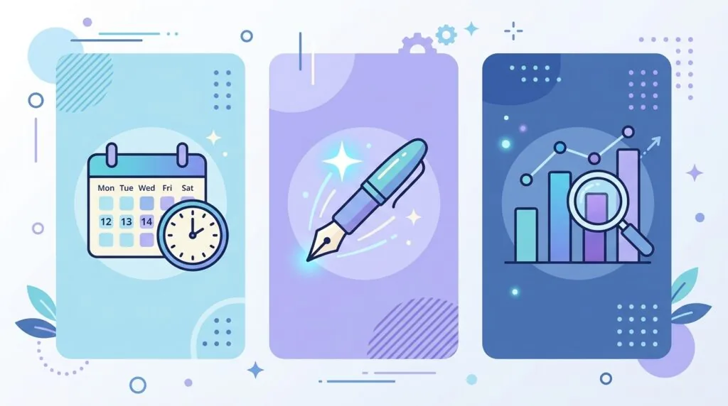 Icons showing AI scheduling, content generation and analytics features in social media tools