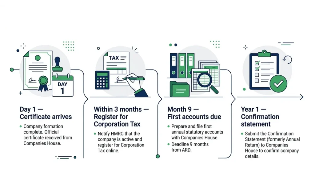 Timeline of post-registration obligations for a UK limited company including Corporation Tax, first accounts, and annual confirmation statement deadlines