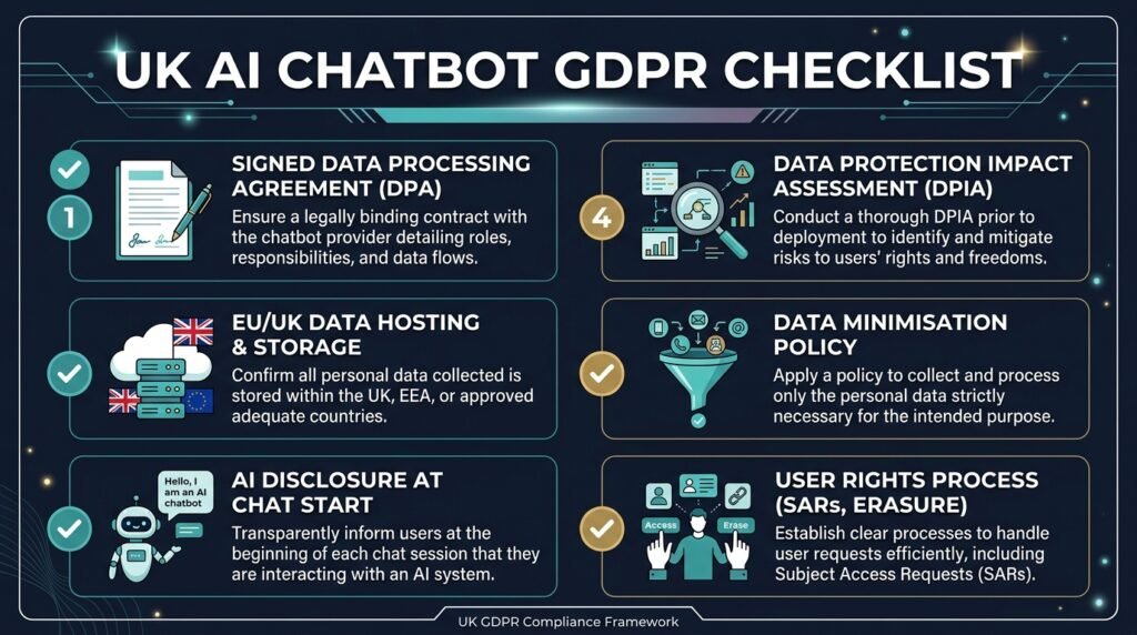 UK AI chatbot GDPR compliance checklist showing six mandatory steps including DPA, data hosting, and AI disclosure
