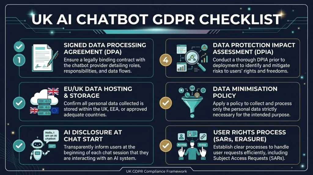 UK AI chatbot GDPR compliance checklist showing six mandatory steps including DPA, data hosting, and AI disclosure