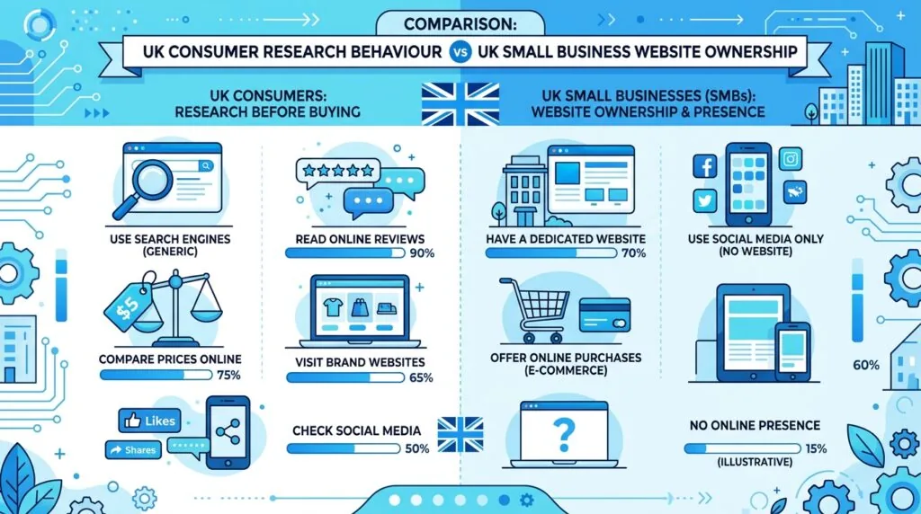 Infographic showing UK online research habits compared to small business website ownership