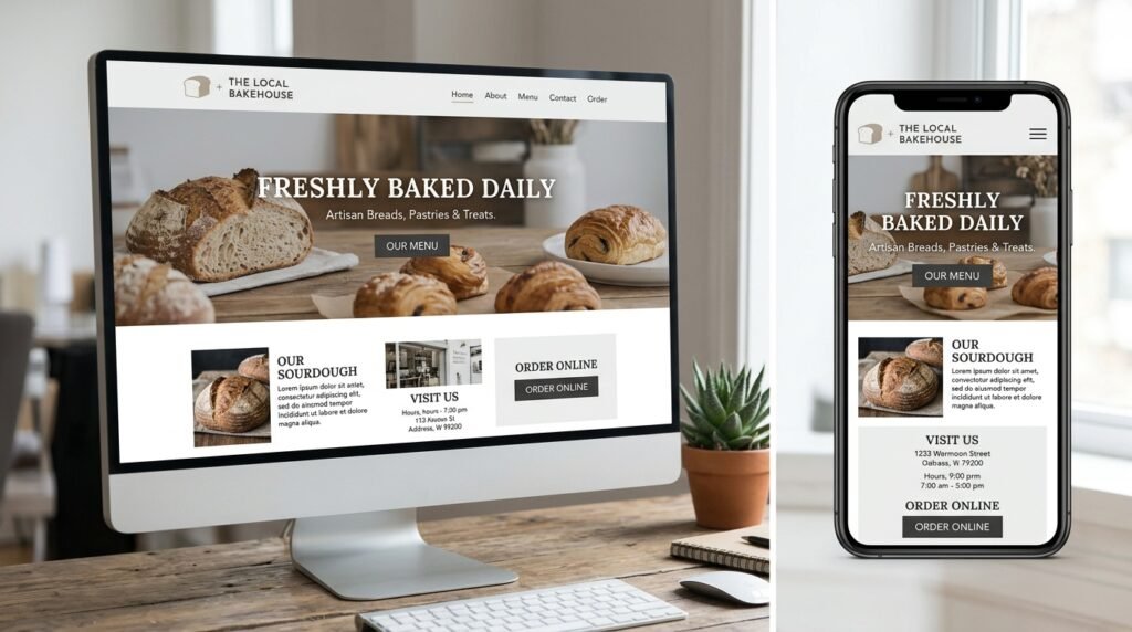 Small business website shown on both desktop and mobile screen for responsive design comparison