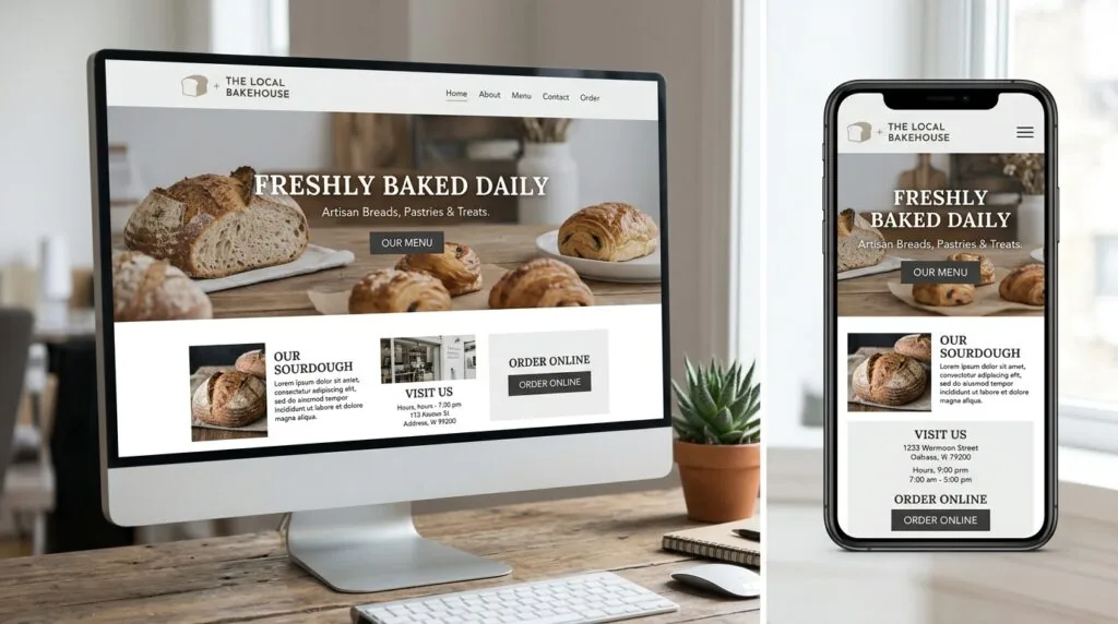Small business website shown on both desktop and mobile screen for responsive design comparison
