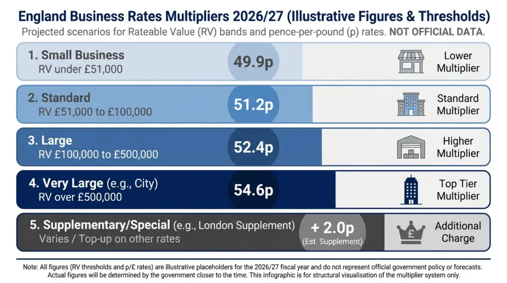 Business rates multipliers 2026/27 England five rate bands by rateable value in pence per pound