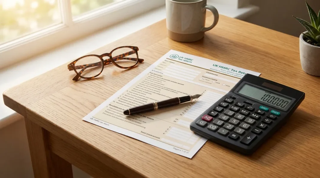 UK HMRC tax document and calculator on a desk representing capital gains tax on business assets 2026