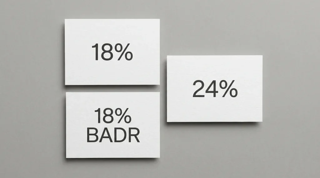 Infographic-style cards showing CGT rates on business assets for 2026/27 UK tax year
