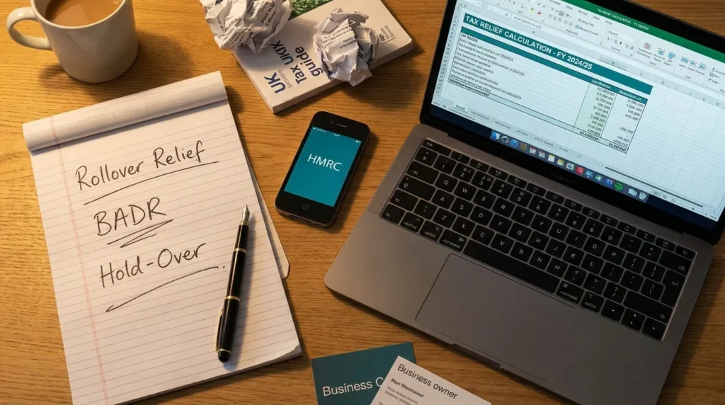 Business owner’s desk with notes on CGT reliefs including BADR and Rollover Relief for business assets 2026