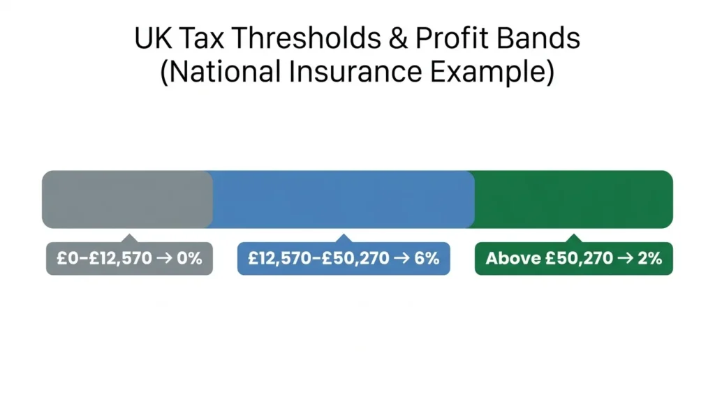 Infographic showing Class 4 National Insurance rate bands and thresholds for self-employed UK 2026/27