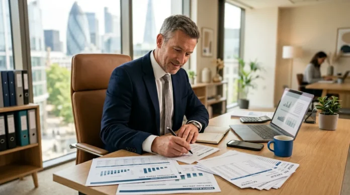 UK limited company director reviewing salary and dividend payment options at office desk