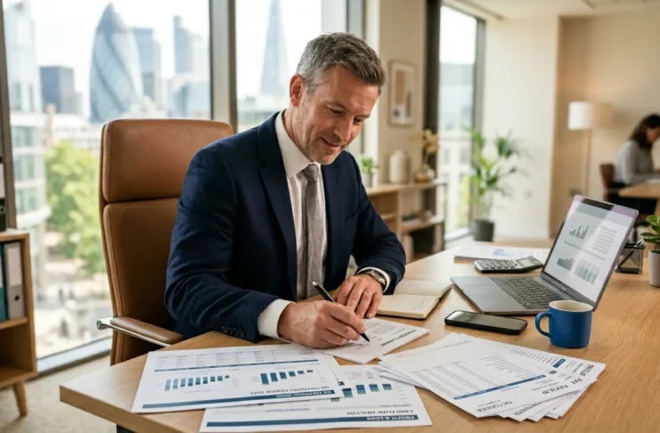 UK limited company director reviewing salary and dividend payment options at office desk