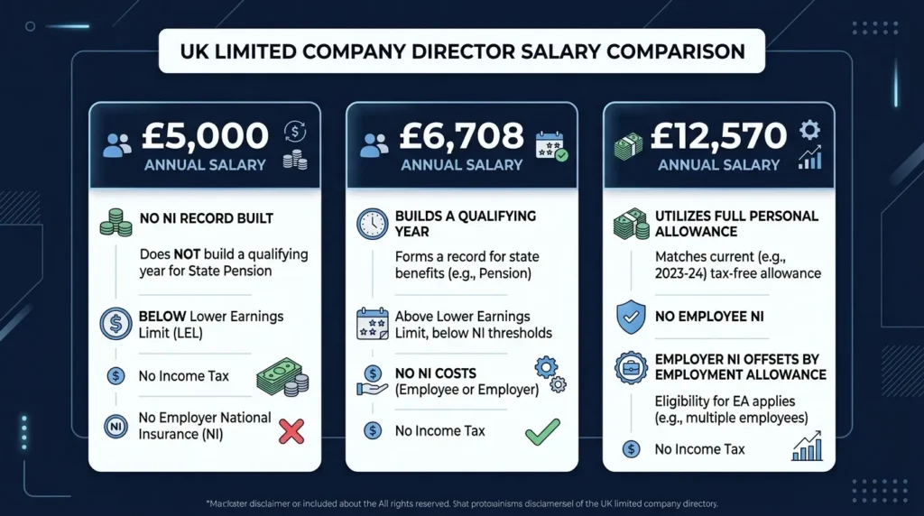 Infographic showing three director salary options for 2026/27: £5,000, £6,708, and £12,570 with NI implications
