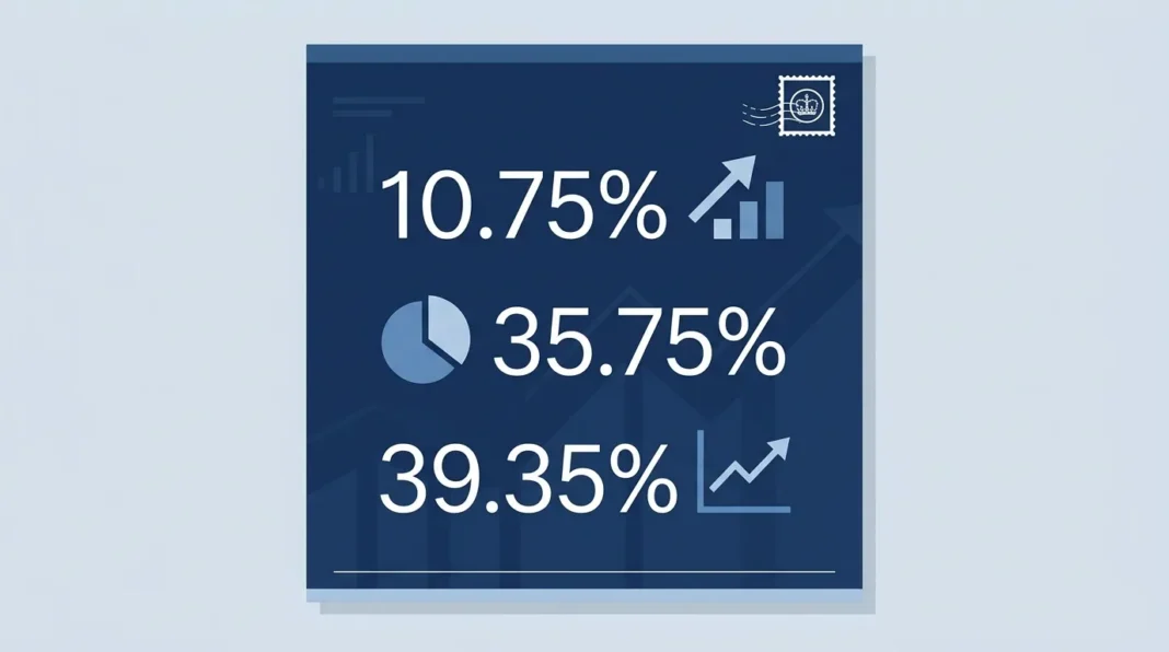 Illustration showing the UK dividend tax rates for 2026/27 — 10.75% basic, 35.75% higher, and 39.35% additional rate — on a financial document background.