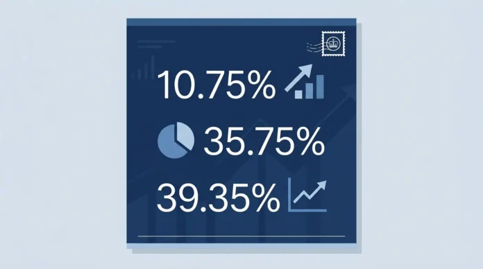 Illustration showing the UK dividend tax rates for 2026/27 — 10.75% basic, 35.75% higher, and 39.35% additional rate — on a financial document background.